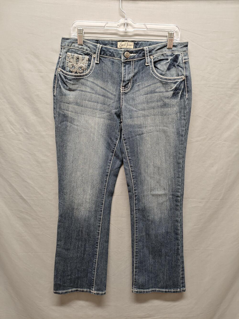 Earl Jean Jeans Womens 10P Petite Blue Bootcut Stretch Rhinestone Fleur De Lis
